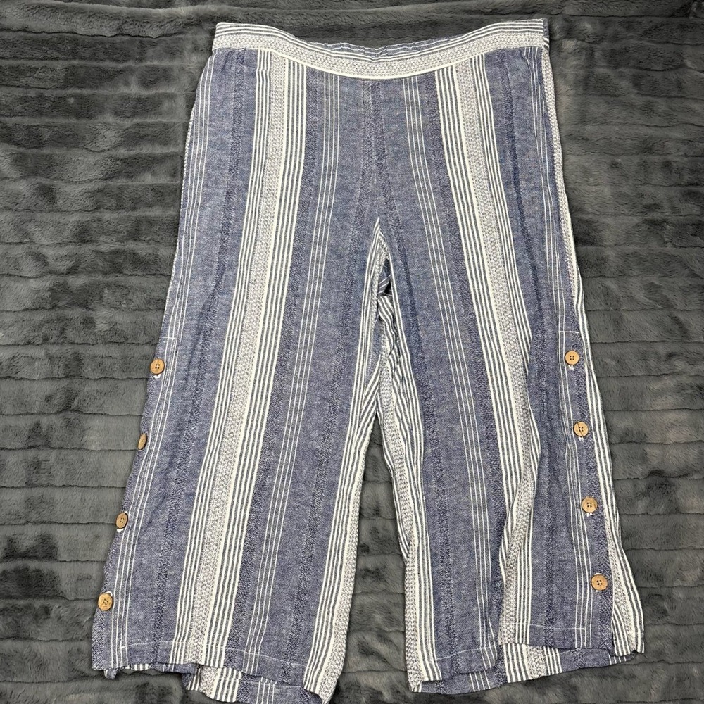 J. Jill Womens XL Linen Blend Striped Wide Leg Crop Pants Blue White Button Hem